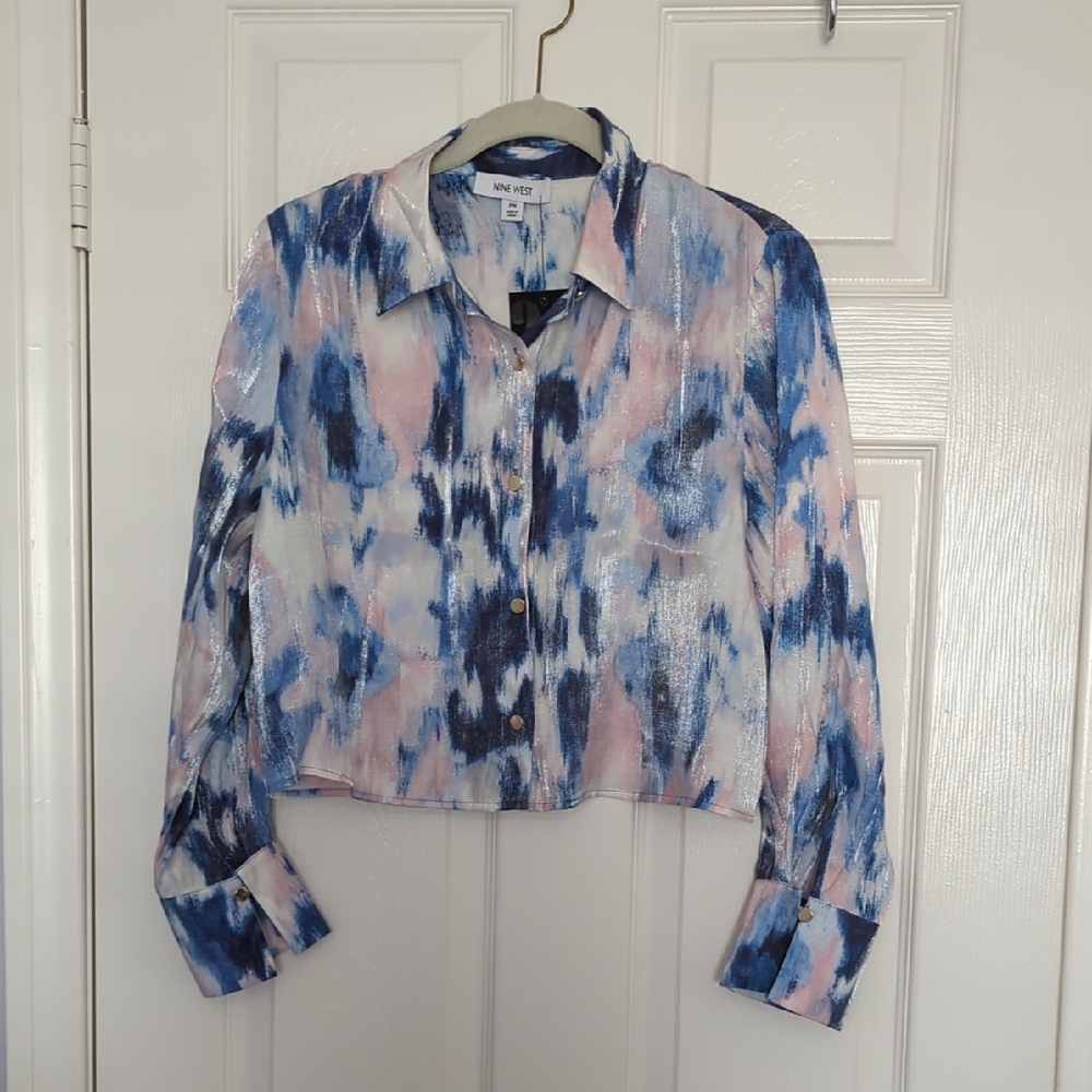 Nine West Pink & Blue Metallic Abstract Button-Down Shirt